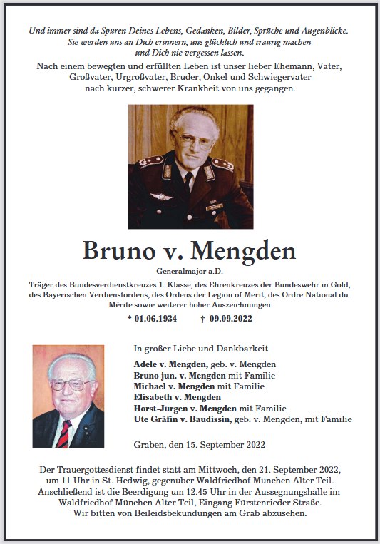 Traueranzeige General a.D. Bruno von Mengden, Erster Vorstand der Traditionsgemeinschaft JaboG 32